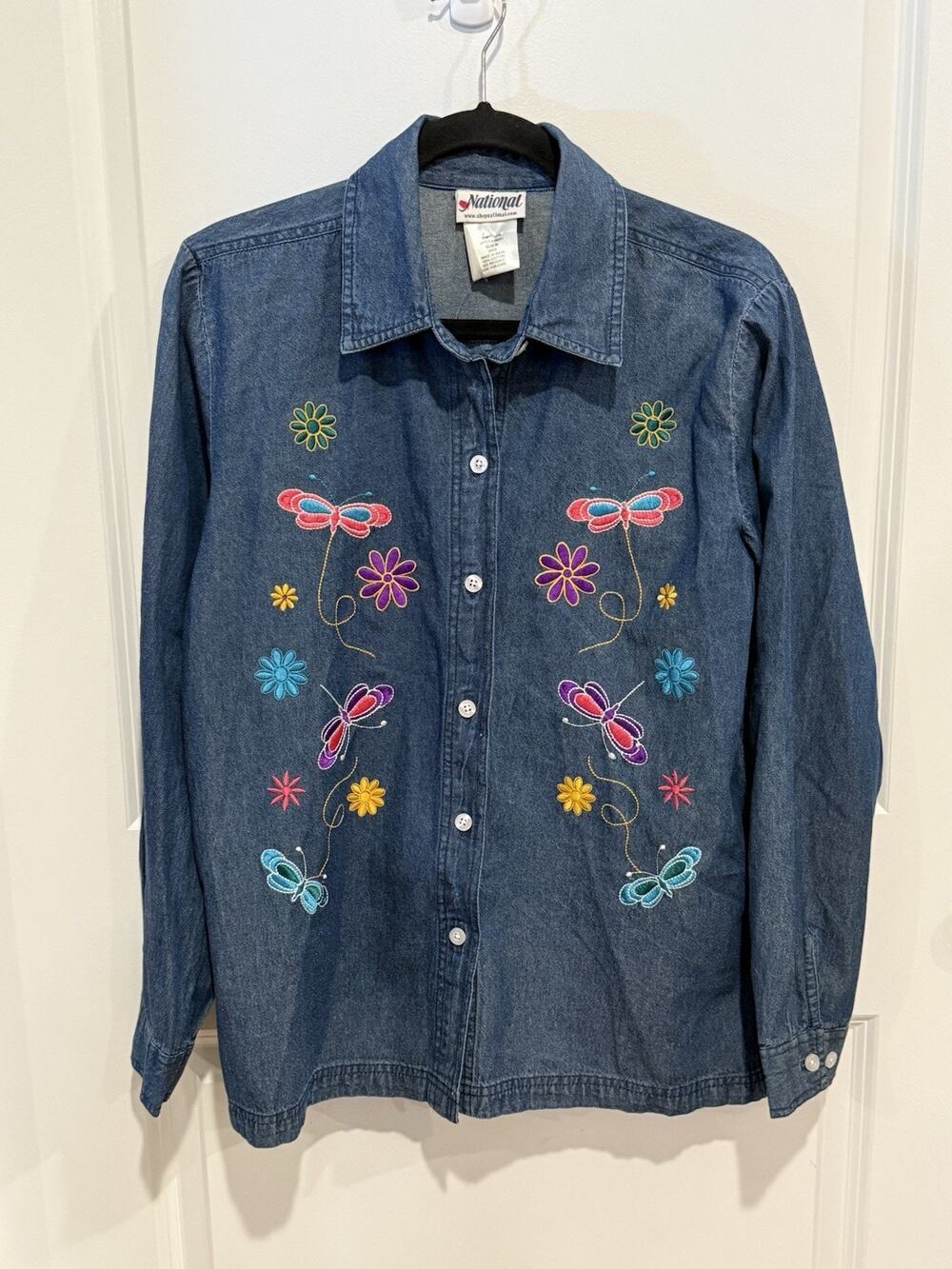 National Womens Denim Colorful Blue Pink Floral Button Up Embroidered Gardening
